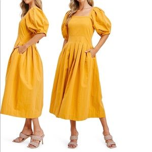 Designer Square Neck Cotton Midi Dress with Puff Sleeves